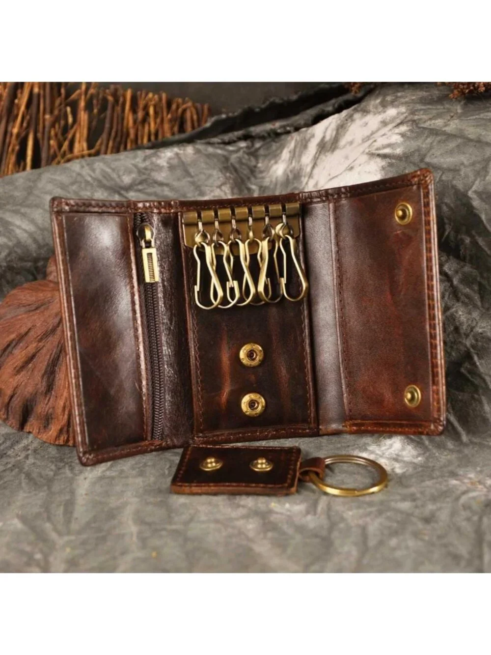 Genuine Leather Men's Key Case with Loop Hook & Coin Pocket - Snap Closure